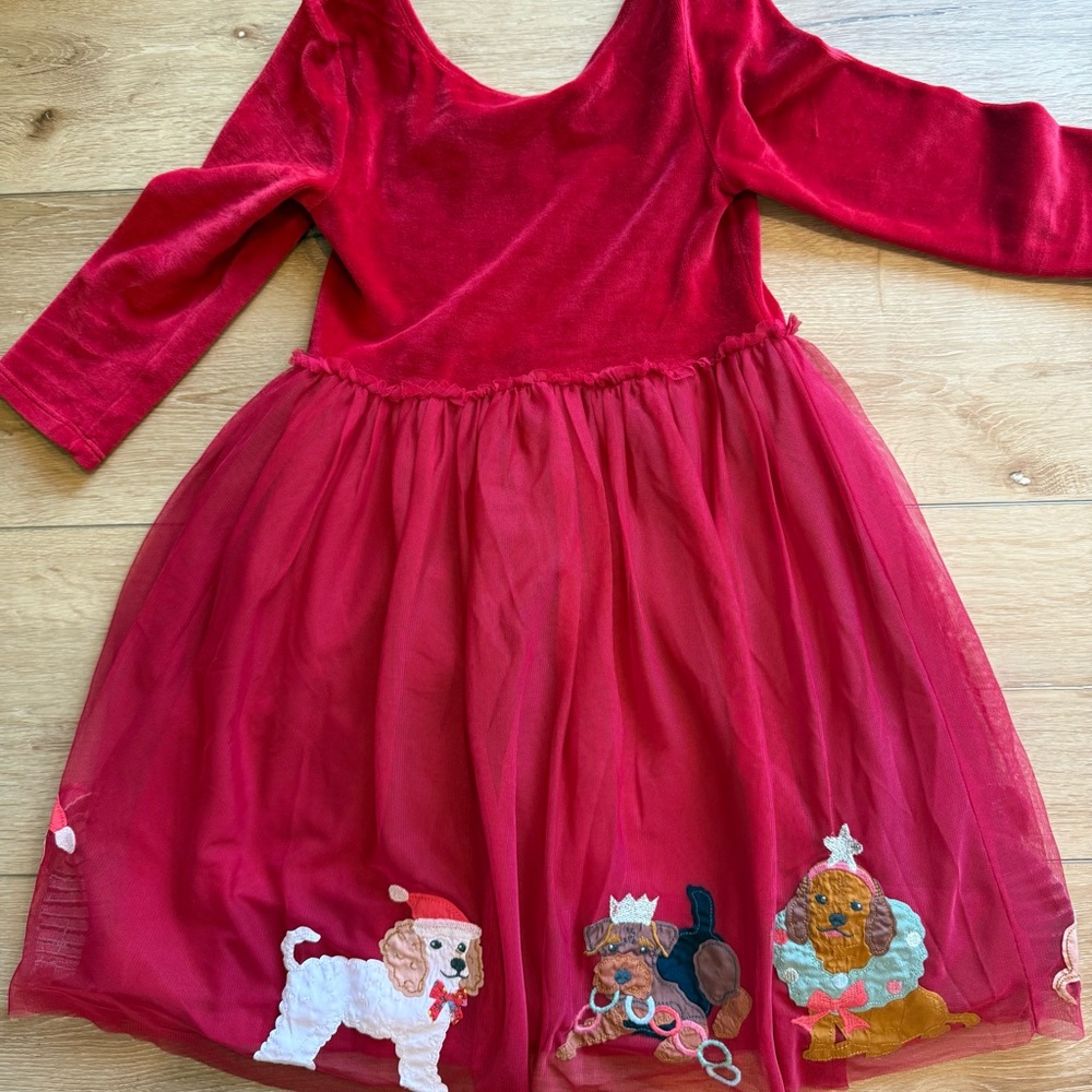 Boden Red Velvet & Tulle Dress with Embroidered Puppy Appliqués